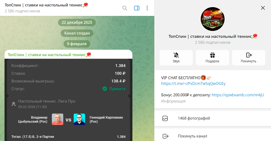 Описание телеграмм-канала ТопСпин ставки на настольный теннис