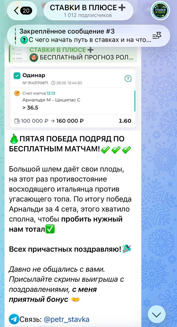 Обзор бесплатных прогнозов на канале Ставки в плюсе