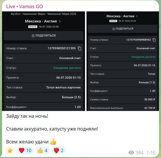 Бесплатные ставки на канале в телеграмме Live • Vamos GO