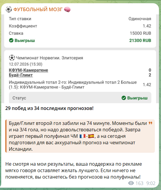 Бесплатный прогноз с канала в телеграме Футбольный мозг