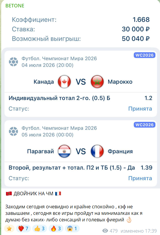 Бесплатный прогноз с канала в телеграмме BETONE