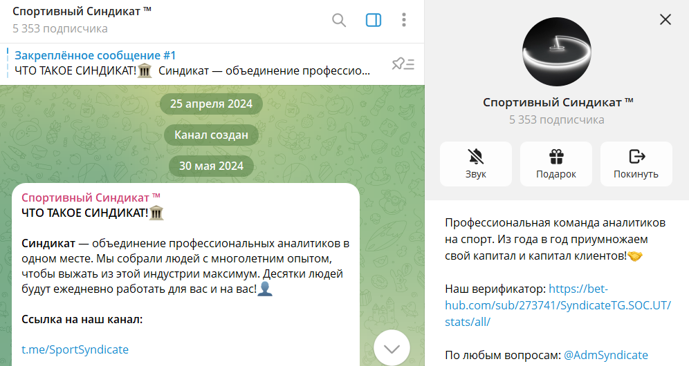 Информация по каналу в телеграмме Спортивный синдикат