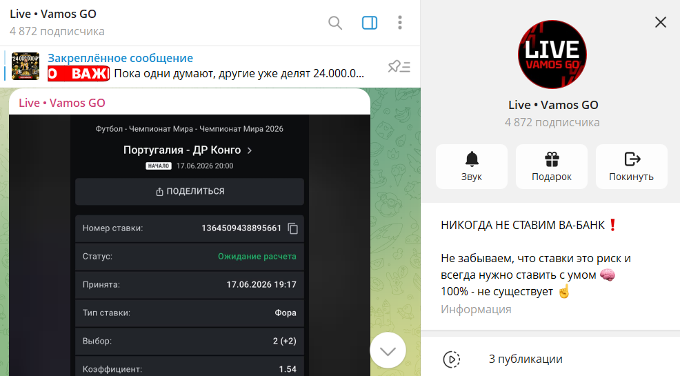 Общие данные по каналу в телеграмме Live • Vamos GO