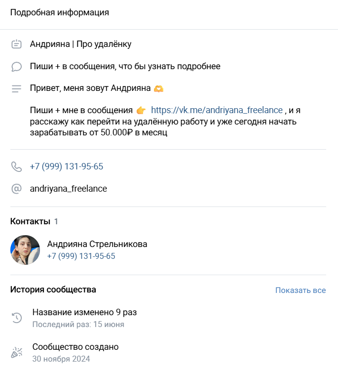Сведения по группе ВК Андрияна Про удаленку