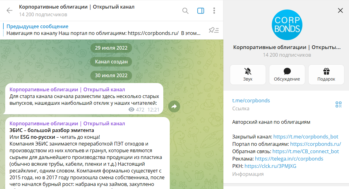 Дата основания канала в телеграмме Корпоративные облигации