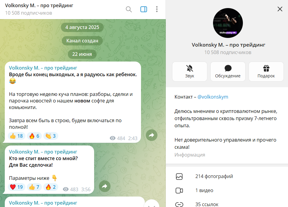 Информация по каналу TG Volkonsky M. – про трейдинг