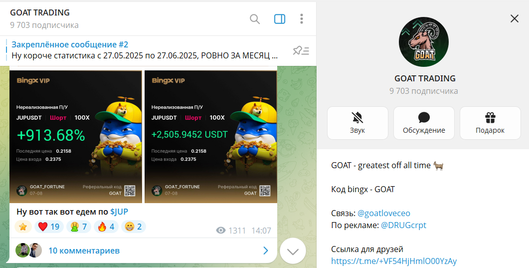 Сведения по телеграмм каналу GOAT TRADING с сигналами