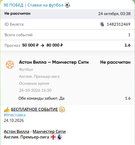 Бесплатная ставка на футбол с телеграм-канала 90 побед