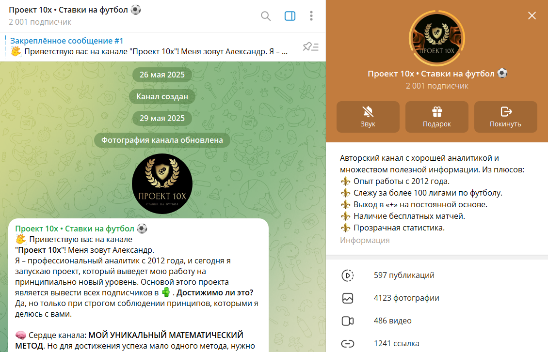 Информация по блогу TG Проект 10х • Ставки на футбол